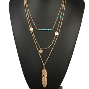Feather Pendant Layered Chain Necklace